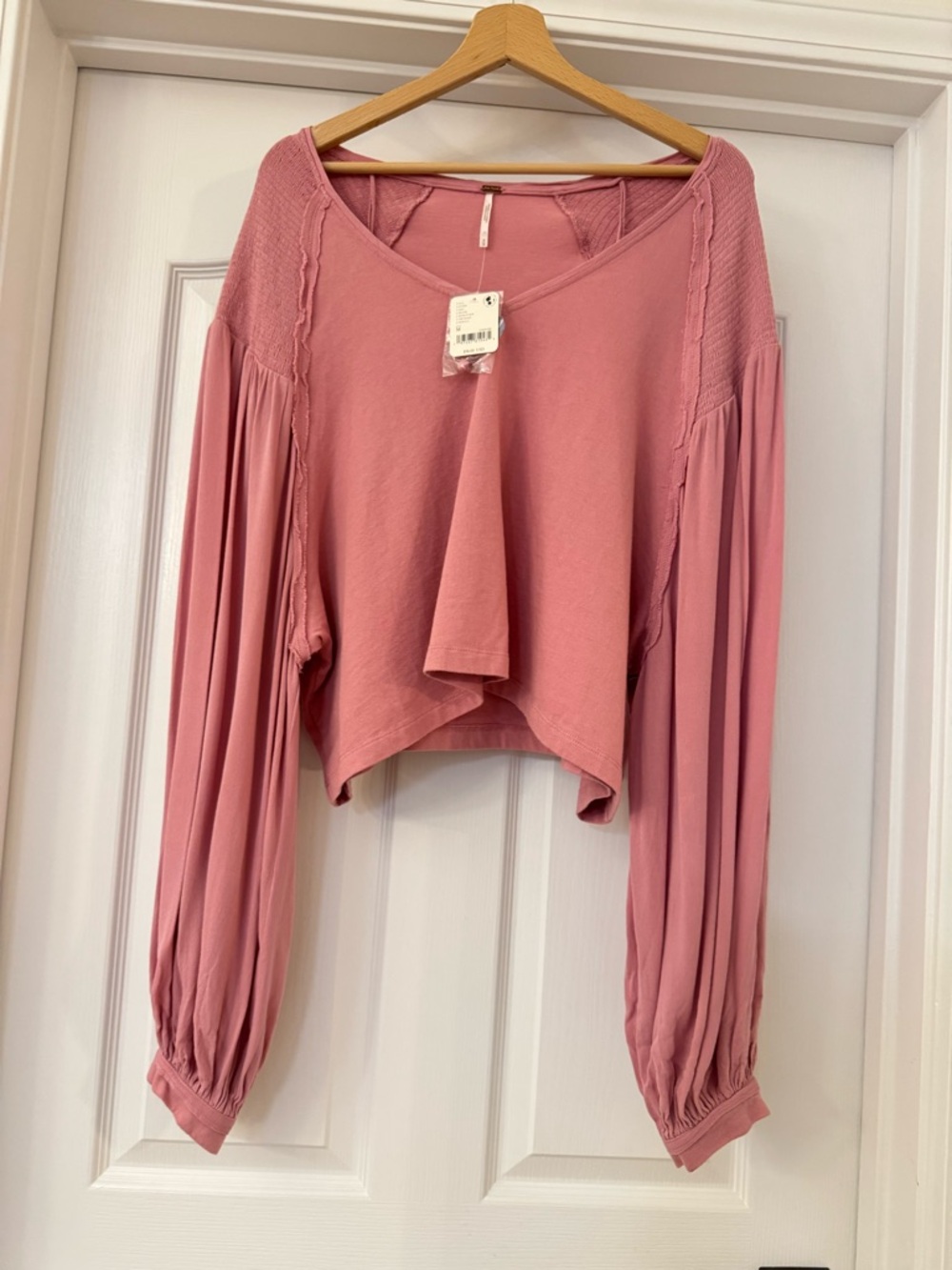 NWT Free People Rose Blush V Neck Long Sleeve Cropped Blouse Oversized Medium